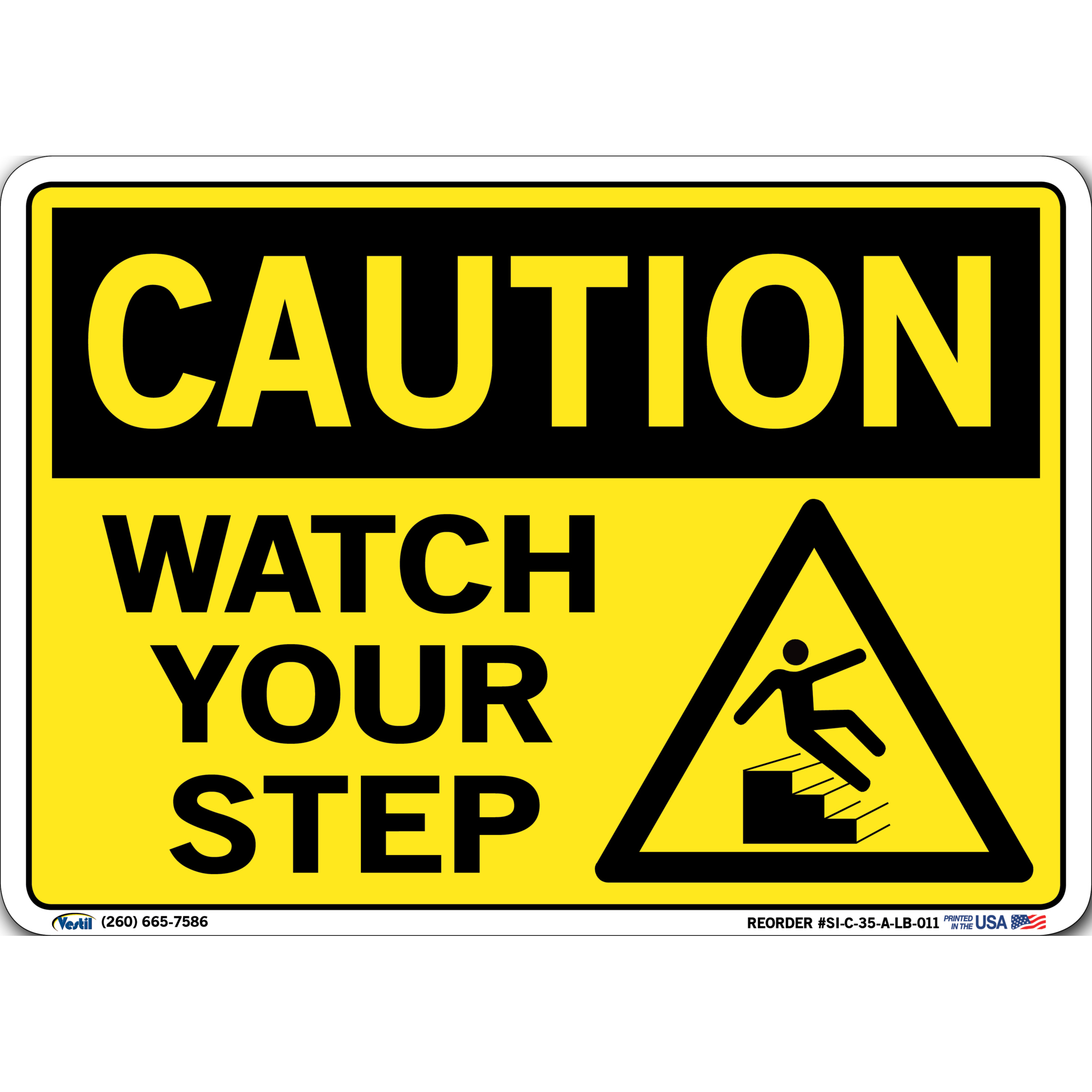 Vestil Caution Sign Decal - 10.5in. x 7.5in., "Watch Your Step", UV and Chemical Resistant, Model# SI-C-35-A-LB-011